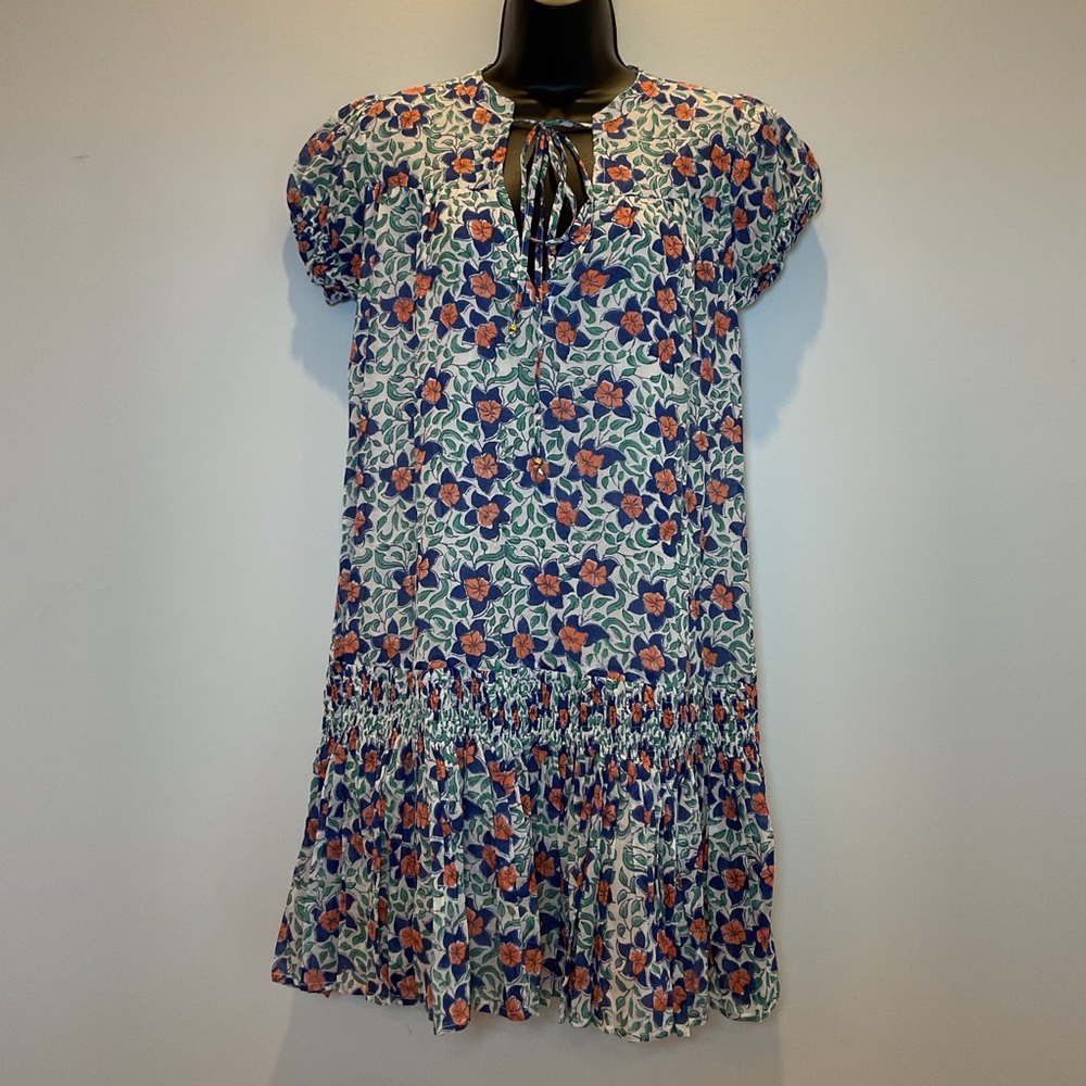 Oliphant Floral Mini Dress Smocked Hem Tie Neck 100% Cotton